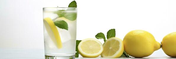 Lemonade in a glass with fresh lemons and mint. Cold summer drink with copy space. Generative AI photo