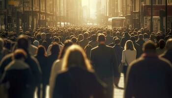 Crowd of people walking busy city street backlit. Generative AI photo