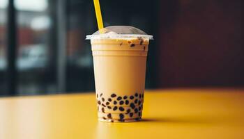 A bubble tea in a plastic cup. Generative AI photo