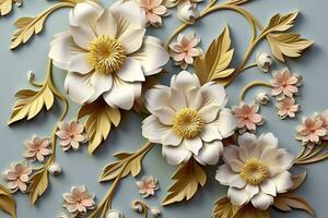Elegant colorful 3d flowers with leaves on a tree illustration background. Generative AI photo