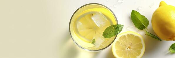 Lemonade in a glass with fresh lemons and mint. Cold summer drink with copy space. Generative AI photo