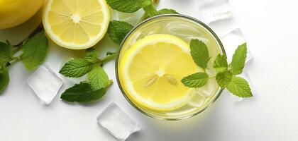 Lemonade in a glass with fresh lemons and mint. Cold summer drink with copy space. Generative AI photo