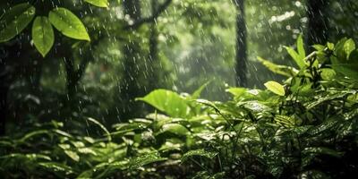 Rain falls in a rainforest with the rain drops. Generative AI photo