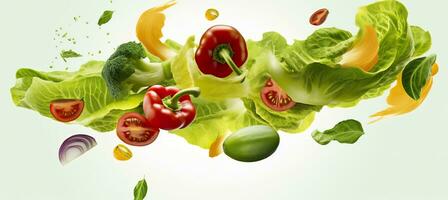 Falling vegetables, salad of bell pepper, tomato, and lettuce leaves. Generative AI photo