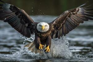 Fishing Bald Eagle, a bald eagle facing camera catches a fish out of the water, in the style of National Geographic contest winner, super telephoto close up. AI Generative photo