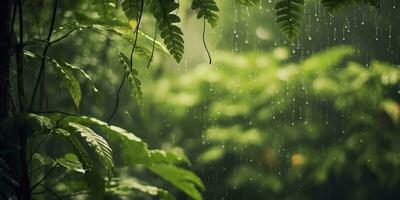 Rain falls in a rainforest with the rain drops. Generative AI photo