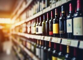 resumen difuminar vino botellas en espíritu alcohol estantería en supermercado Tienda antecedentes. generativo ai foto