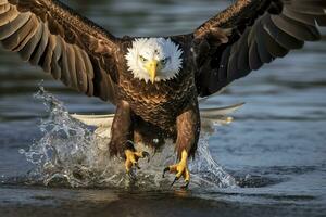 Fishing Bald Eagle, a bald eagle facing camera catches a fish out of the water, in the style of National Geographic contest winner, super telephoto close up. AI Generative photo