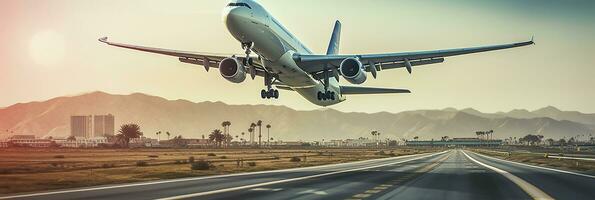 Airplane taking off from the airport. Generative AI photo