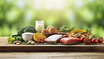 Closeup of vegetables, fruits, and meat on wooden table over green natural background. Generative AI photo