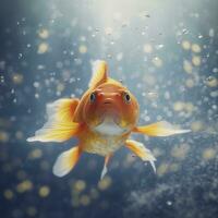 Beautifully colored goldfish swim in the clear aquarium water. 3d animation swimming goldfish.  AI Generative photo