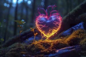 Glowing bioluminescent plant shaped like a human heart, in a mysterious forest. Generative AI photo