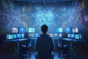 Back of anonymous robot hacker. Concept of hacking cybersecurity, cybercrime, cyberattack, etc. AI Generative photo