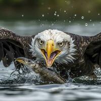 Fishing Bald Eagle, a bald eagle facing camera catches a fish out of the water, in the style of National Geographic contest winner, super telephoto close up. AI Generative photo