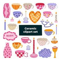 Big cute set of handmade ceramic household crockery and pottery in the style of 70s. Hand drawn trendy ceramics - vases, candlesticks, mug and teacups, plate for jewelry. Utensils for home decoration vector