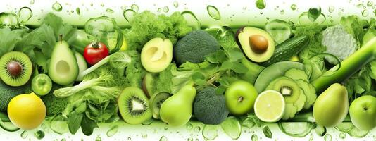 Banner layout of green fruits and vegetables. Generative AI. photo