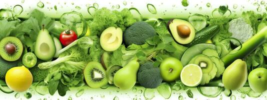 Banner layout of green fruits and vegetables. Generative AI. photo