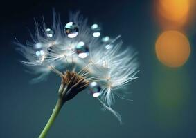 Beautiful dew drops on a dandelion seed macro. Beautiful blue background. Generative AI photo