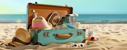 playa preparación, accesorios en maleta en arena. generativo ai foto