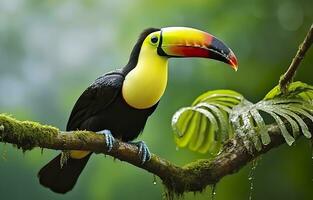 Chesnut mandibled Toucan sitting on the branch in tropical rain with a green jungle. Generative AI photo