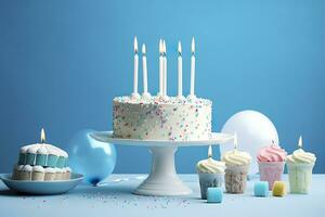 Birthday cake with candles and sweets on white table near blue wall. Generative AI photo