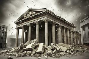 Bank collapse. A bank or financial institution, going down failing or collapsing. Generative AI photo