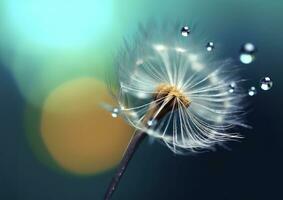 Beautiful dew drops on a dandelion seed macro. Beautiful blue background. Generative AI photo