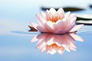 A floating lotus flower on the calm surface of a pond symbolizes the potential for transformation and spiritual growth through the practice of meditation and mindfulness. AI Generative photo