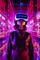 A young Asian woman is using a virtual reality headset. Neon light studio portrait. Concept of virtual reality, simulation, gaming, and future technology.  AI Generative photo