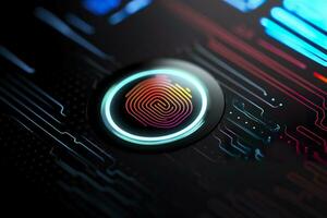 Fingerprint Authentication Button. Biometric Security. Identification and cyber security concept. Glowing neon fingerprint on dark background. AI Generative photo