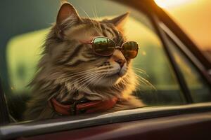 capturar un soñador reflexión por fotografiando un gato vistiendo Gafas de sol con un Clásico leica m6, destacando el textura y contraste de un antiguo Temporizador coche. ai generativo foto