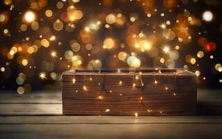 Christmas bokeh background, wooden background with bokeh, glitter stars, rustic wood, and Backdrop for product presentation. AI Generative photo