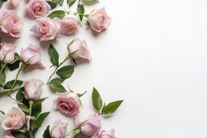 Close up of blooming pink roses flowers and petals isolated on white table background. Floral frame composition. Decorative web banner. Empty space, flat lay, top view. AI Generative photo
