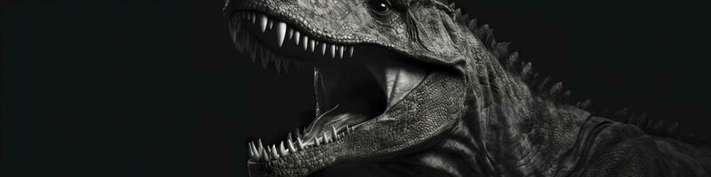 Black and white photorealistic studio portrait of a Tyrannosaurus Rex on black background. Generative AI photo