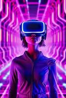 A young Asian woman is using a virtual reality headset. Neon light studio portrait. Concept of virtual reality, simulation, gaming, and future technology.  AI Generative photo