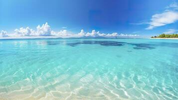 Tropical paradise beach with white sand and crystal clear blue water. Beautiful natural summer vacation holidays background. Travel tourism wide panorama background concept. AI Generative photo