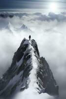 hombre en parte superior de montaña, caminando mediante nubes, ai generativo foto