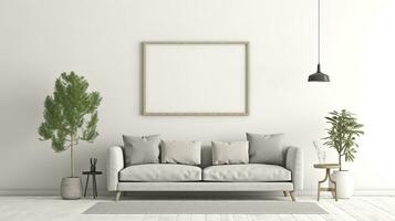 Modern cozy mock up and decoration furniture of living room and empty canvas frame on the white wall texture background, 3D rendering. AI Generative photo