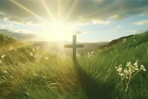 The cross of God with green Leaf, in the rays of the sun and blue sky. Cross on the hill with green trees and graeen natural view. Religious concept, AI Generative photo