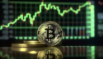 Bitcoin with green graph on computer screen background, Crypto currency trading. AI Generative photo