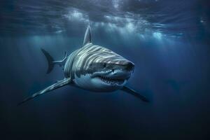 el Rey de el océano, el genial blanco masculino tiburón cazador submarino vista, guadalupe isla, México. ai generativo foto