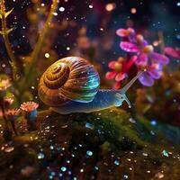 Iridescent Snail in a Fairy Forest, Close Up of a Shimmering Shell. AI Generative photo