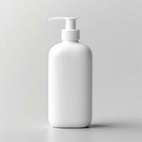 Cosmetic rounded all white soap bottle mockup on white table. AI Generative photo