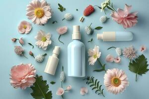 Fresh floral skincare concept. Top view flat lay of pump bottle, pipette, cream bottles, and tubes with flowers on pastel blue background with an empty circle for text or branding. AI Generative photo