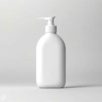 Cosmetic rounded all white soap bottle mockup on white table. AI Generative photo