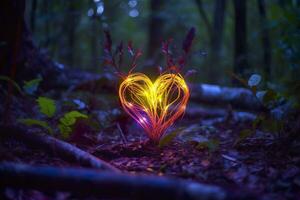 brillante bioluminiscente planta conformado me gusta un humano corazón, en un misterioso bosque. generativo ai foto