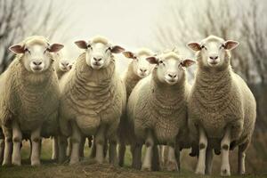 un grupo de oveja en pie al aire libre. generativo ai foto