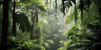 Rain falls in a rainforest with the rain drops. Generative AI photo