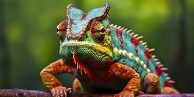 A colorful close up chameleon with a high crest on its head. Generative AI photo