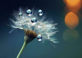 Beautiful dew drops on a dandelion seed macro. Beautiful blue background. Generative AI photo